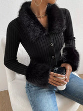Black faux fur trim ribbed knit cropped cardigan with plush collar