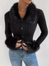 Black faux fur trim ribbed knit cropped cardigan with plush collar cuffs