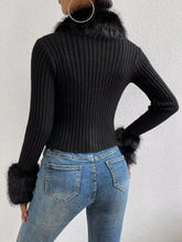 Black faux fur trim ribbed knit cropped cardigan