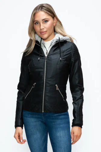 Faux Layered Black Jacket with Fuzzy Hood for Women Black Woman Outerwear