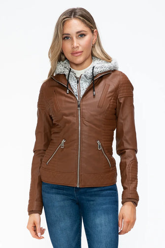 Faux Layered Brown Jacket with Fuzzy Hood and Sherpa Lining Rust
