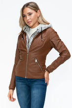 Faux Layered Brown Jacket with Fuzzy Hood and Sherpa Lining Woman Outerwear
