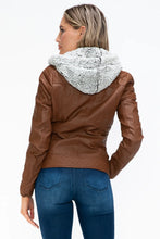 Faux Layered Brown Jacket with Fuzzy Hood and Sherpa Lining