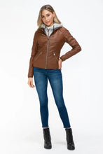 Faux Layered Brown Jacket with Fuzzy Hood and Sherpa Lining Woman Outerwear