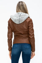 Faux Layered Brown Jacket with Fuzzy Hood and Sherpa Lining Woman Outerwear