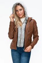 Faux Layered Brown Jacket with Fuzzy Hood and Sherpa Lining Woman Outerwear