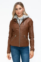 Faux Layered Brown Jacket with Fuzzy Hood and Sherpa Lining Woman Outerwear