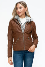 Faux Layered Brown Jacket with Fuzzy Hood and Sherpa Lining Woman Outerwear