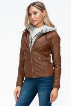 Faux Layered Brown Jacket with Fuzzy Hood and Sherpa Lining Woman Outerwear