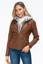 Faux Layered Brown Jacket with Fuzzy Hood and Sherpa Lining