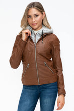 Faux Layered Brown Jacket with Fuzzy Hood and Sherpa Lining