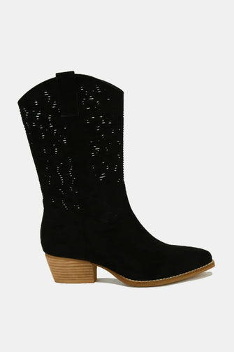 Faux Suede Laser Cut Block Heel Cowboy Boots for Women Black