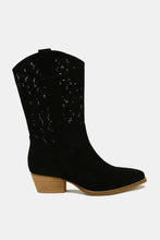Black faux suede laser cut block heel cowboy boots for women