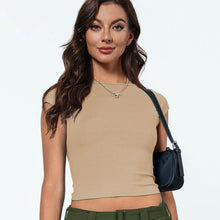 Round Neck Backless Short Sleeve Tee Khaki