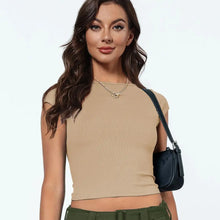 Round Neck Backless Short Sleeve Tee Khaki Woman T Shirts
