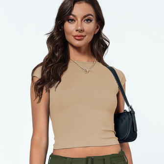 Round Neck Backless Short Sleeve Tee Khaki