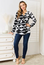 Heimish Full Size Geometric Notched Neck Long Sleeve Top Woman Blouses
