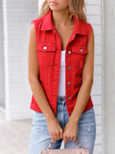 Full Size Sleeveless Frayed Denim Vest Jacket Plus Size Red Woman Denim Tops