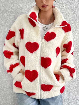 Heart Zip Up Drop Shoulder Furry Jacket Red