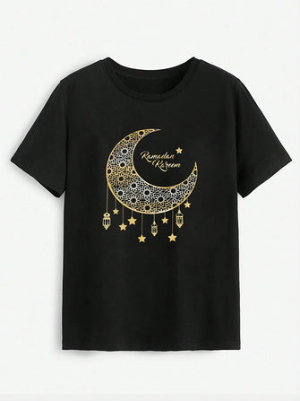 Moon Graphic Round Neck Short Sleeve T-Shirt Black
