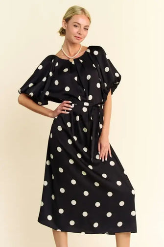 Davi & Dani Polka Dot Puff Sleeves Waist Tie Midi Dress Black Casual Dresses
