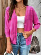 Textured Button-Front Cardigan with 3/4 Sleeves Hot Pink