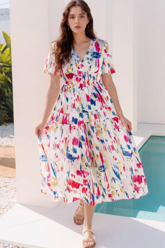 Abstract Print Short Puff Sleeve Tiered Maxi Dress White
