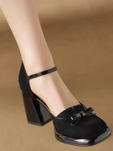 Bow Block Heel Ankle Strap Pumps Black woman pumps
