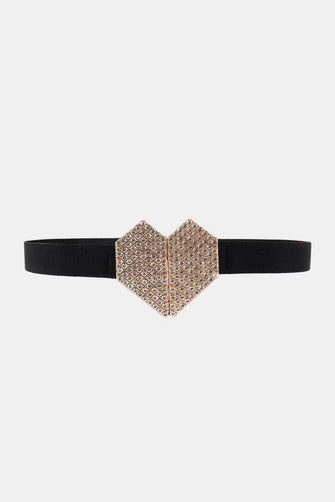 Rhinestone Heart Buckle Elastic Belt Black One Size Belts