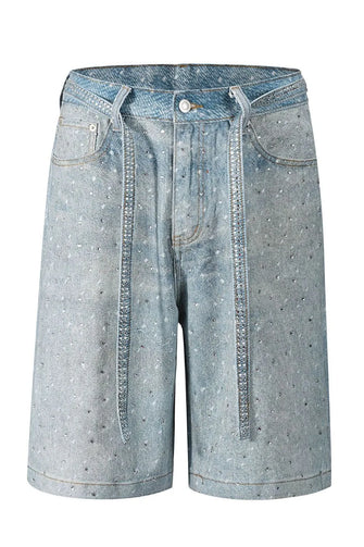 Men's Washed Rhinestone Denim Bermuda Shorts Medium