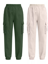 A 2 piece elastic waist cargo pants set in forest green and beige with elastic waistbands and drawstring hems