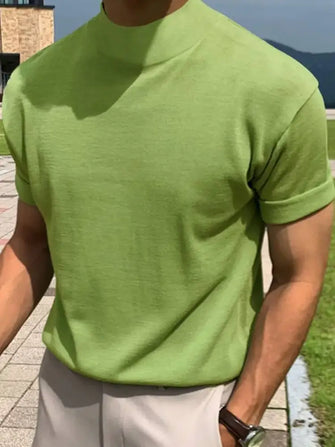 Men's Full Size Mock Neck Short Sleeve T-Shirt Plus Size Matcha Green Mens Tops