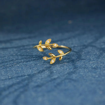 925 Sterling Silver Zircon Leaf Shape Ring Gold One Size Rings
