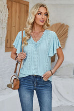 Eyelet Applique V-Neck Cap Sleeve T-Shirt Light Blue