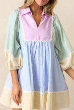 Striped Patchwork Ric Rac Puff Sleeve Collared Mini Dress Casual Dresses