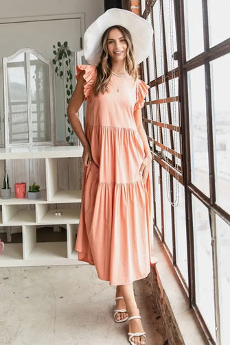 Mittoshop Ruffle Short Sleeve Tiered Maxi Dress SALMON Woman Dress