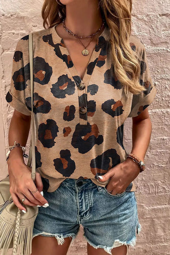Leopard Half Button Short Sleeve T-Shirt Leopard