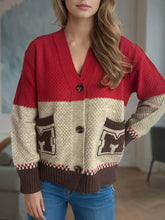 Pocketed Contrast V-Neck Button Up Cardigan Woman Outerwear