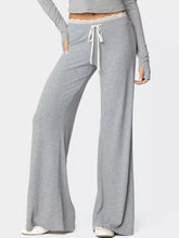 Gray heathered lace trim wide leg lounge pants with white lace trim waistband and matching drawstring trim wide leg design
