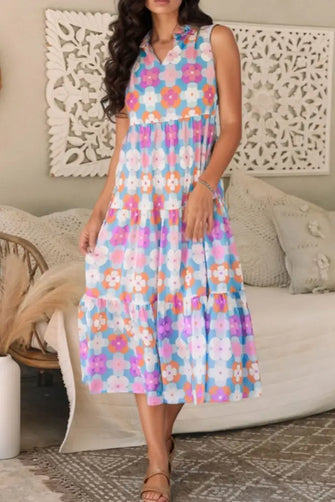 Floral Print Sleeveless Tiered Midi Dress Pink Purple Casual Dresses