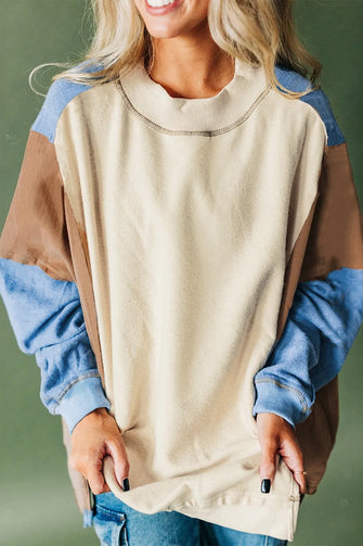 Slit Color Block Round Neck Long Sleeve Sweatshirt Sky Blue Woman Sweatshirts