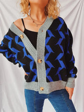 Contrast Trim Geometric V-Neck Long Sleeve Cardigan Casual Dresses