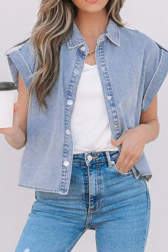 Snap Down Cap Sleeve Denim Top Light Blue
