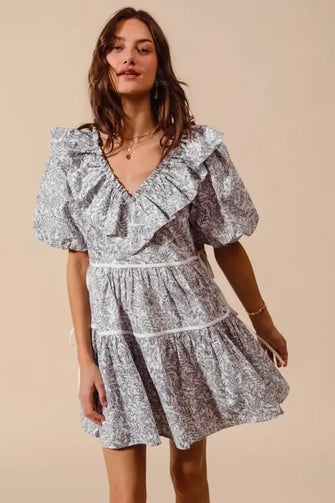 SO ME Cotton Printed Ruffle V Neckline Dress with Side Tie OFF WHITE NAVY Casual Dresses