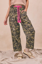 BiBi braided waist belt camouflage print pants with relaxed fit camouflage corduroy fabric bright pink drawstring waistband and frayed details