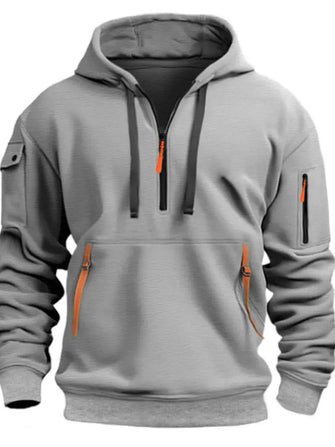 Men's Full Size Half Zip Drawstring Hoodie Plus Size Gray
