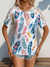 Feather Print Lace Sleeve Top for Women