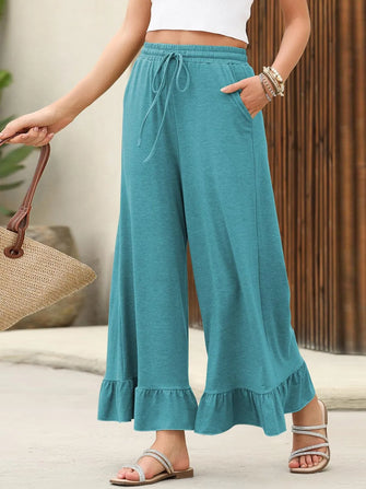 Ruffled Hem Wide Leg Pants Teal