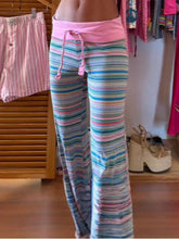 Pastel-striped wide-leg drawstring striped pants with pink elastic waistband and matching drawstring for casual wear
