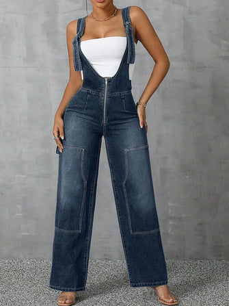 Zip Front Wide Strap Denim Overalls Medium